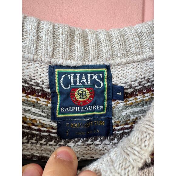 Chaps Ralph Lauren Men’s L Vintage Knit Sweater USA 100% Cotton Fair Isle - Picture 9 of 9